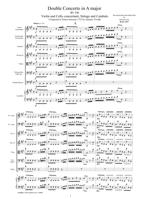 Vivaldi - Double Concerto in A major RV 546 for Violin, Cello, Strings and Cembalo (arr. Santino Cara)