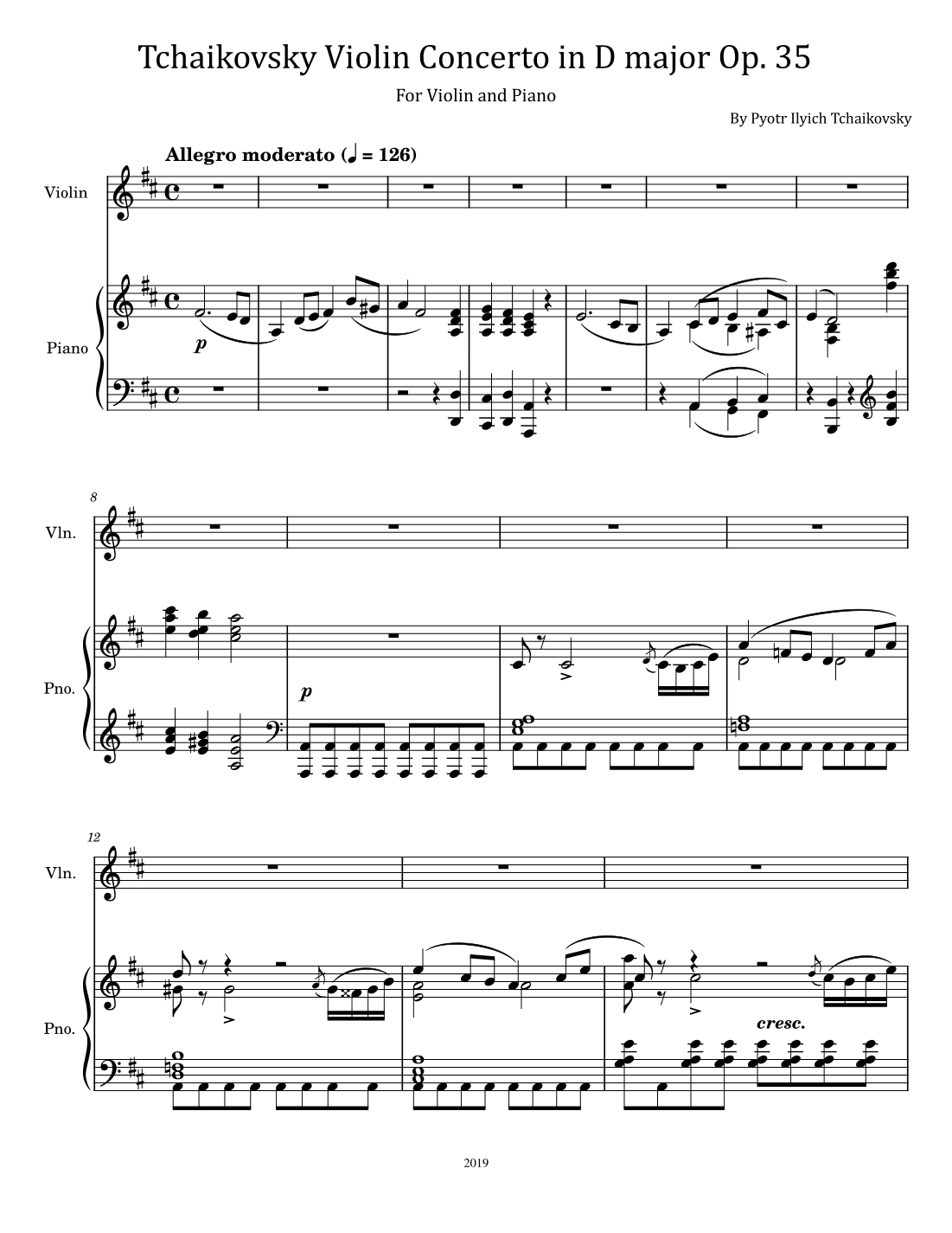 Tchaikovsky Violin Concerto in D major, Op. 35 - For Violin and Piano (arr. poon)