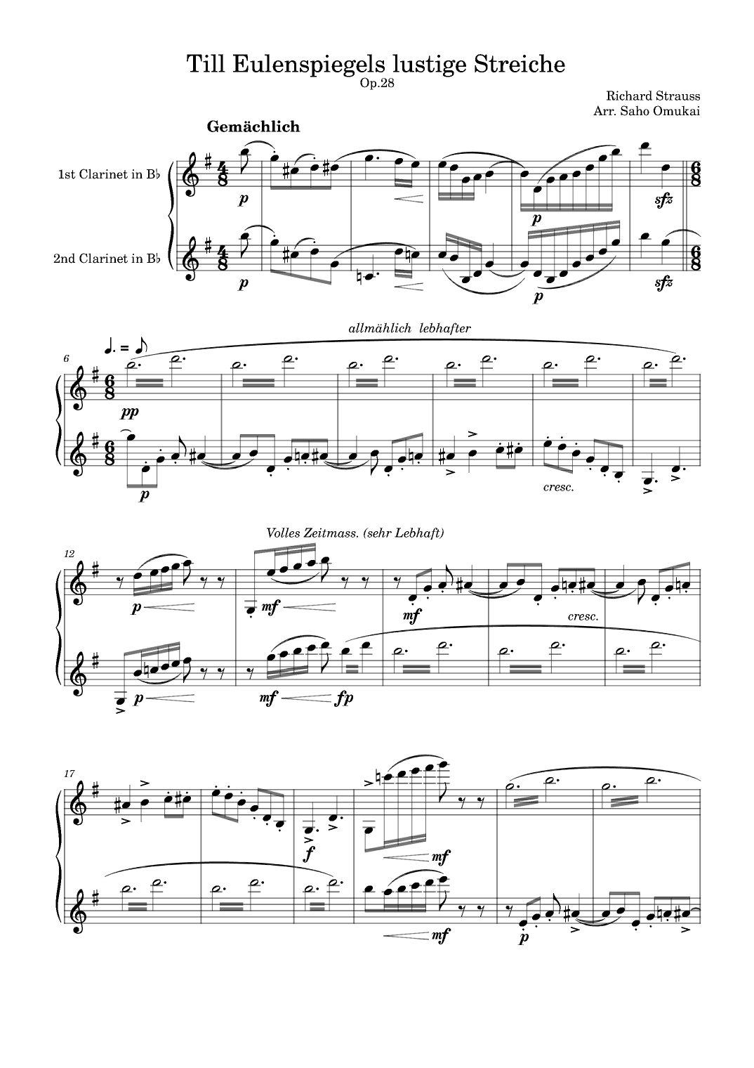 Till Eulenspiegels lustige Streiche Op.28 by R.Strauss for2 Clarinets (arr. Saho Omukai)