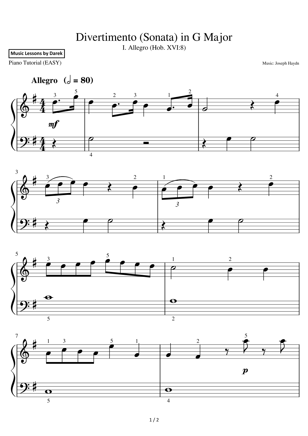 Divertimento (Sonata) in G Major (EASY PIANO) I. Allegro (Hob. XVI:8) [Joseph Haydn] (arr. Darek)
