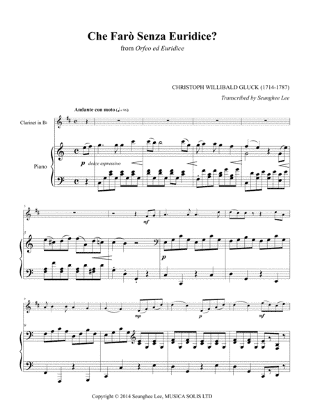 Gluck: Che Faro Senza Euridice for Clarinet and Piano (arr. Seunghee Lee)