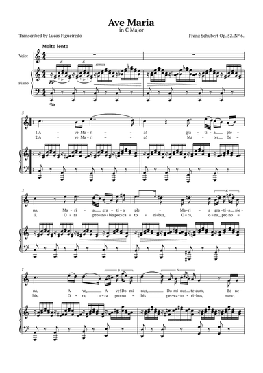 Ave Maria (Schubert) in C Major for Piano and Voice (Lyrics in Latin) (arr. Lucas Figueiredo)
