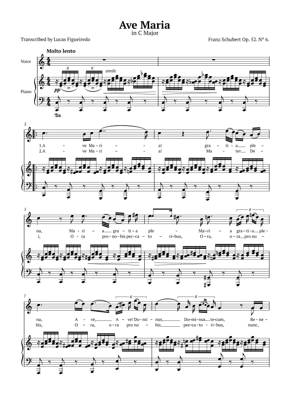 Ave Maria (Schubert) in C Major for Piano and Voice (Lyrics in Latin) (arr. Lucas Figueiredo)
