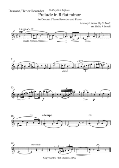 Prelude in A minor (Lyadov) - [Descant or Tenor Recorder] (arr. Philip R Buttall)