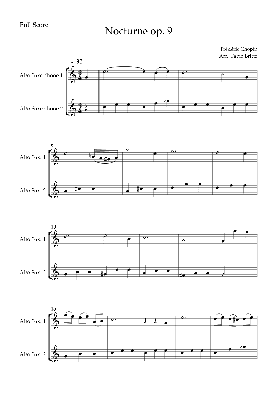 Nocturne Op.9 No. 2 (Frédéric Chopin) for Alto Saxophone Duo (arr. Fabio Britto)