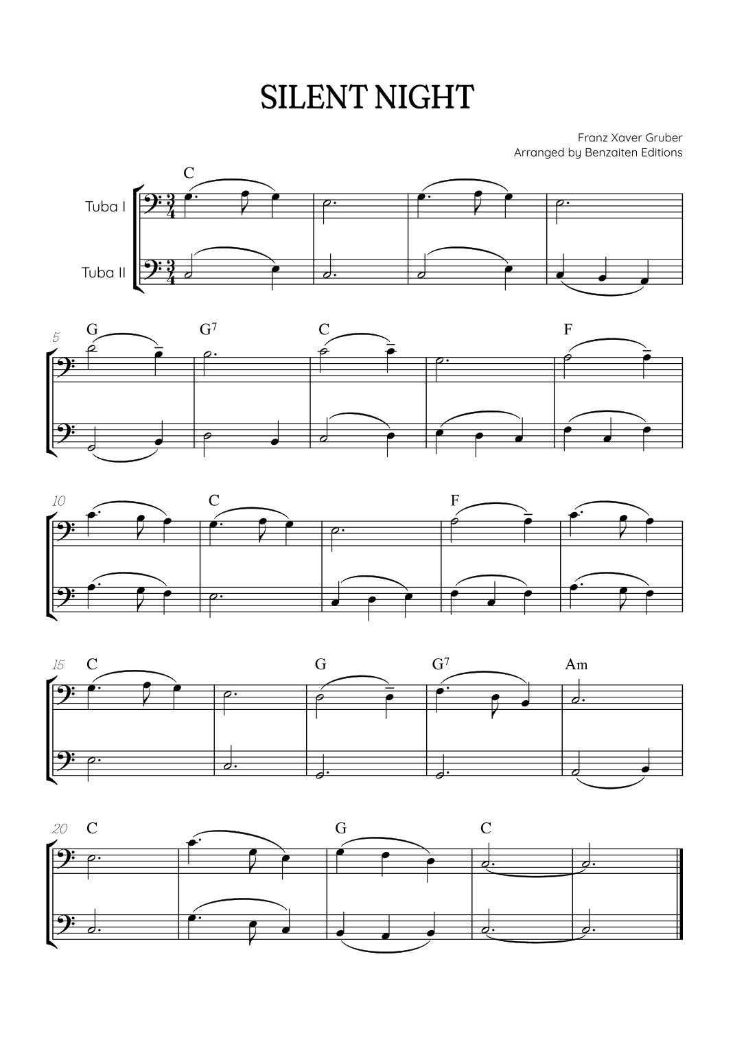Silent Night for tuba duet • easy Christmas song sheet music (w/ chords) (arr. Benzaiten Editions)