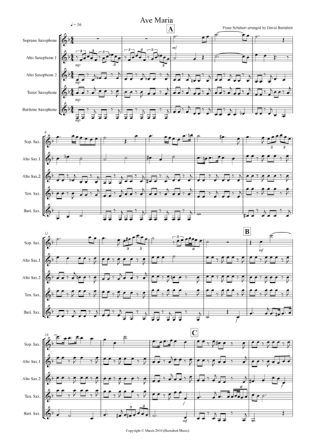 Ave Maria for Saxophone Quintet (arr. David Burndrett)