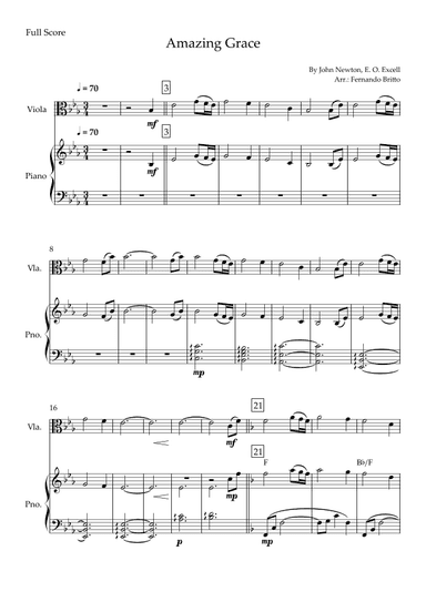 Amazing Grace for Viola Solo and Piano Accompaniment with Chords (arr. Fernando Britto)