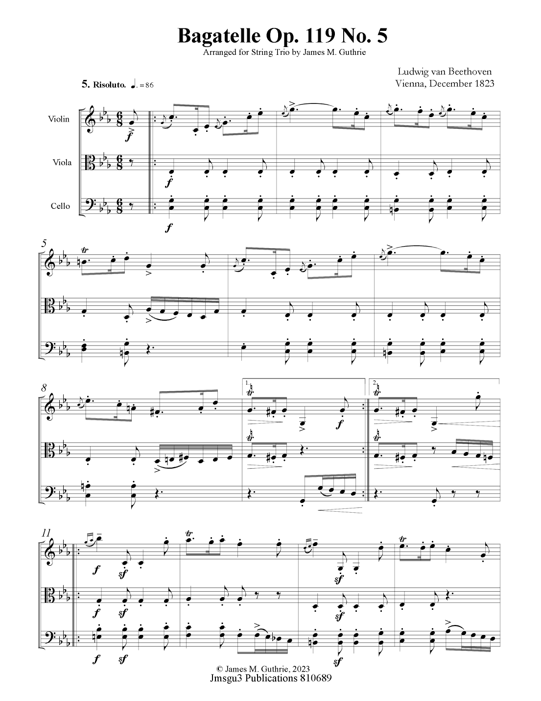 Beethoven: Bagatelle Op. 119 No. 5 for String Trio (arr. James M. Guthrie, ASCAP)