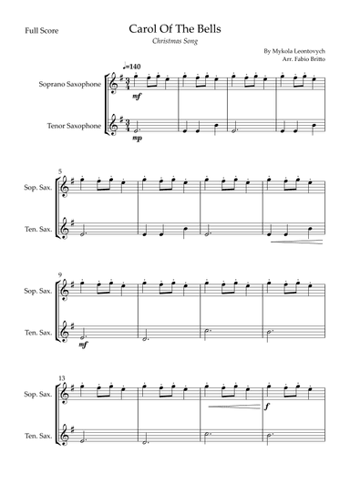 Carol Of The Bells (Christmas Song) for Soprano Saxophone & Tenor Saxophone Duo (arr. Fabio Britto)