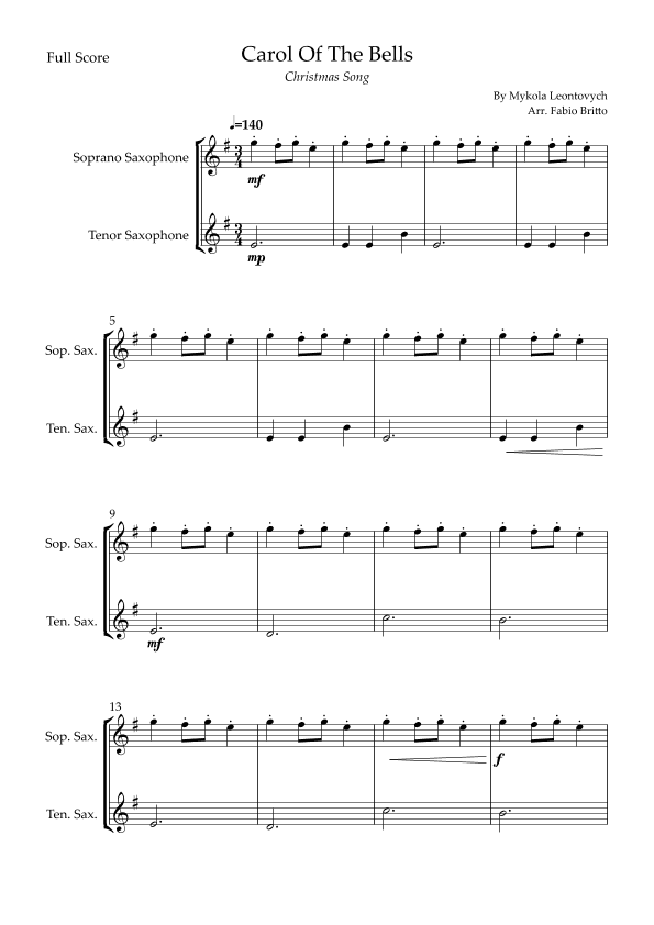 Carol Of The Bells (Christmas Song) for Soprano Saxophone & Tenor Saxophone Duo (arr. Fabio Britto)