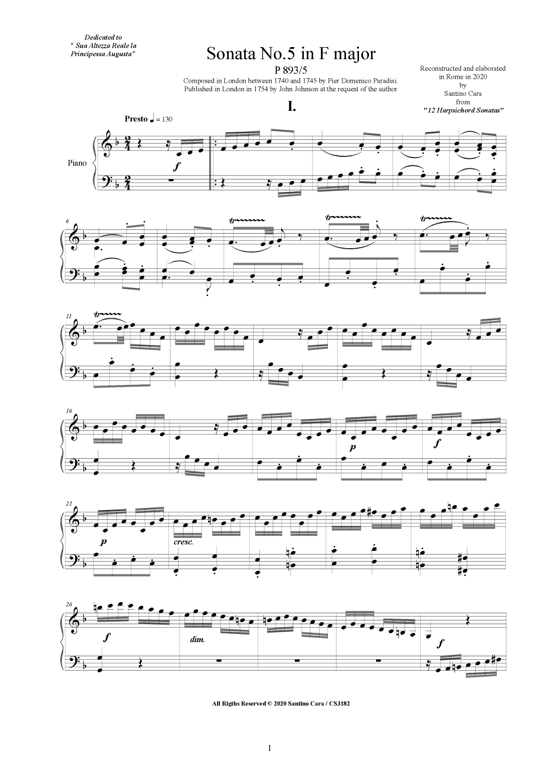 Paradisi - Piano Sonata No.5 in F major, P893-5 (arr. Santino Cara)