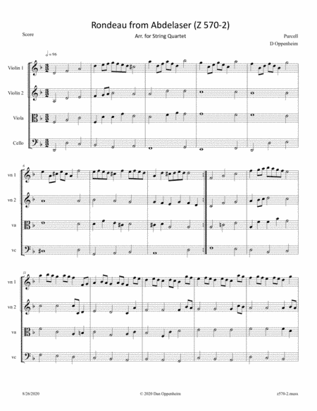 Purcell: Abdelazer Suite (Z 570), Movement 2 (Rondeau) arr. for String Quartet (arr. D Oppenheim)