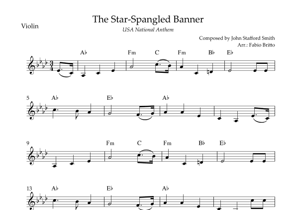 The Star Spangled Banner (USA National Anthem) for Violin Solo with Chords (Ab Major) (arr. Fabio Britto)