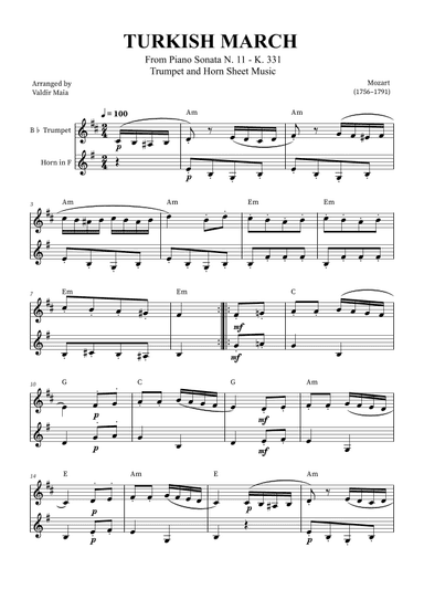 Turkish March - Trumpet and Horn (with chords) (arr. Valdir Maia)
