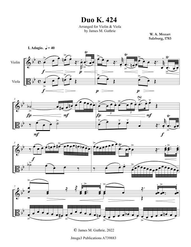 Mozart: Duo K. 424 for Violin & Viola (arr. James M. Guthrie, ASCAP)