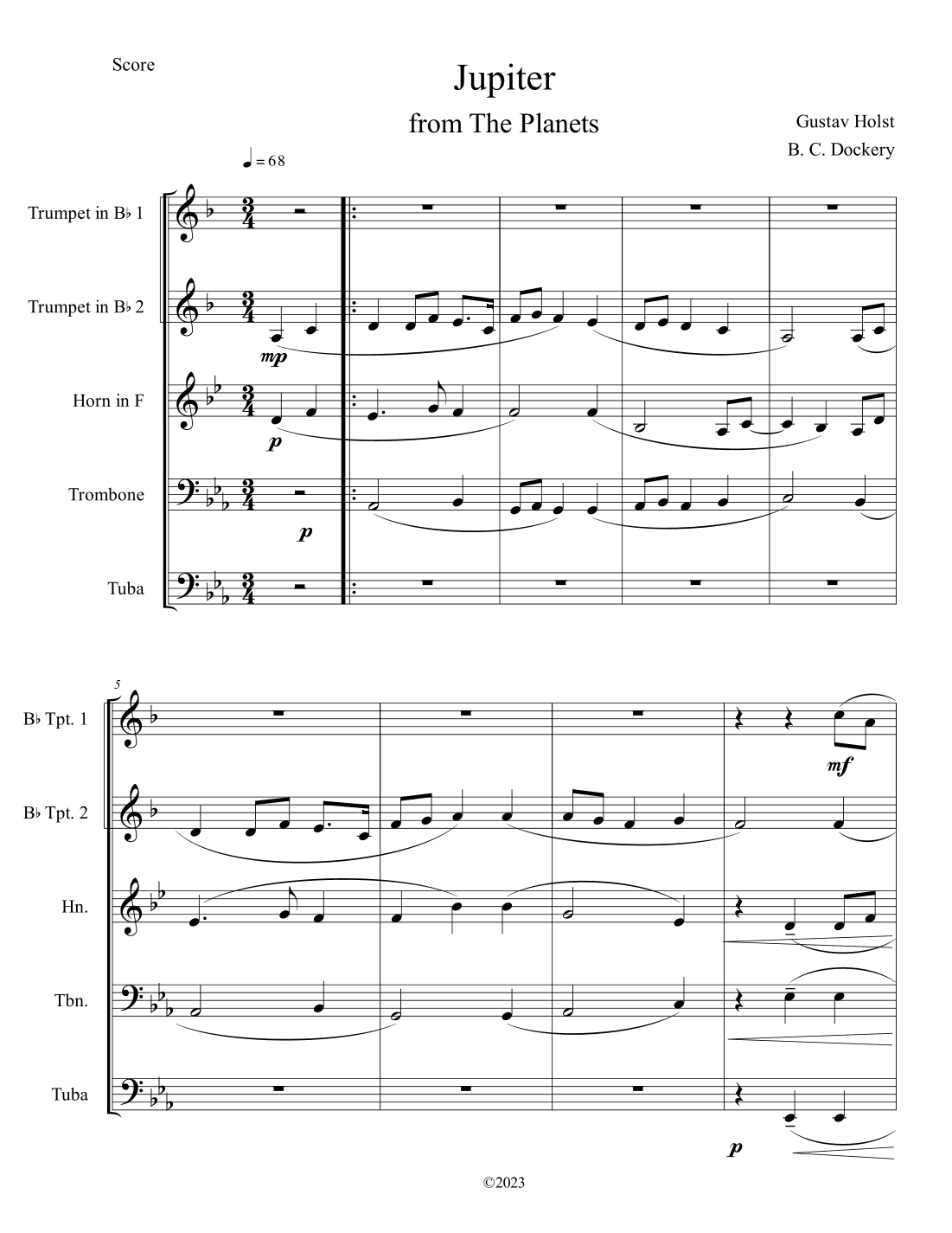 Jupiter (from The Planets) for Brass Quintet (arr. B. C. Dockery)