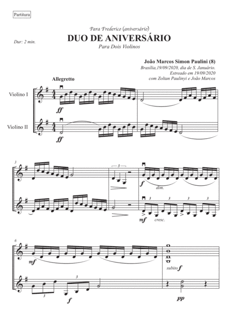 Duo de Aniversário, violin duo (2 min.). Full score and complete set of parts.
