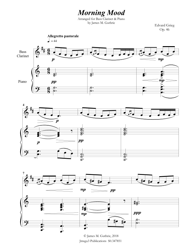 Grieg: Morning Mood from Peer Gynt Suite for Bass Clarinet & Piano (arr. James M. Guthrie, ASCAP)