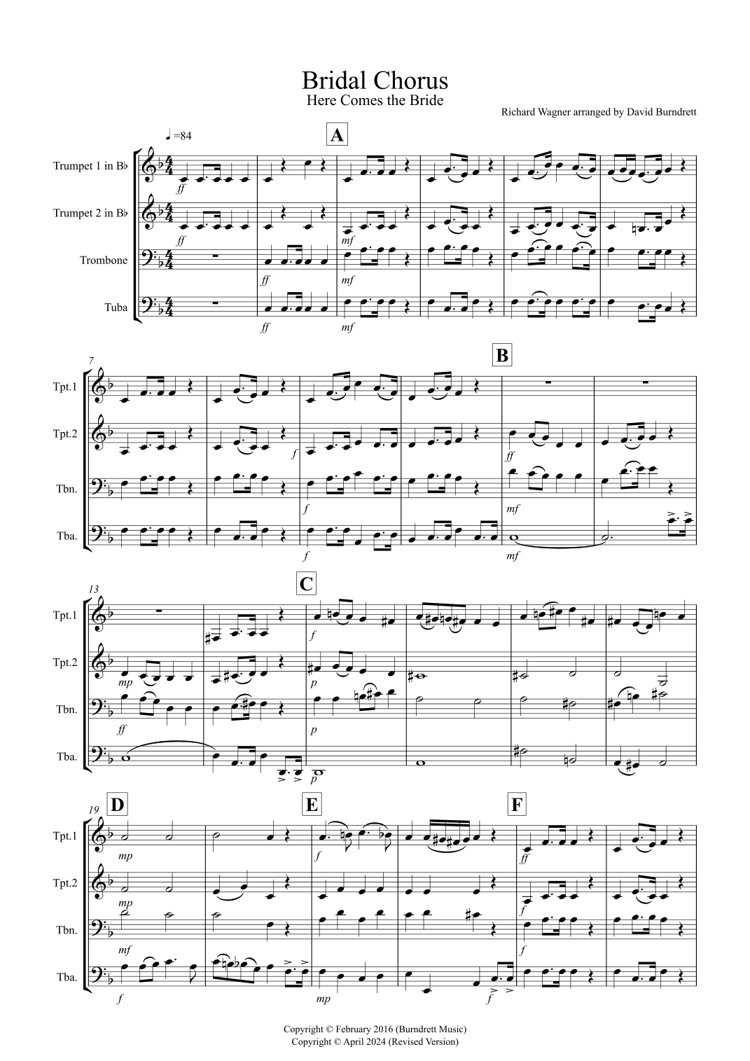 Bridal Chorus "Here comes the Bride" for Brass Quartet (arr. David Burndrett)