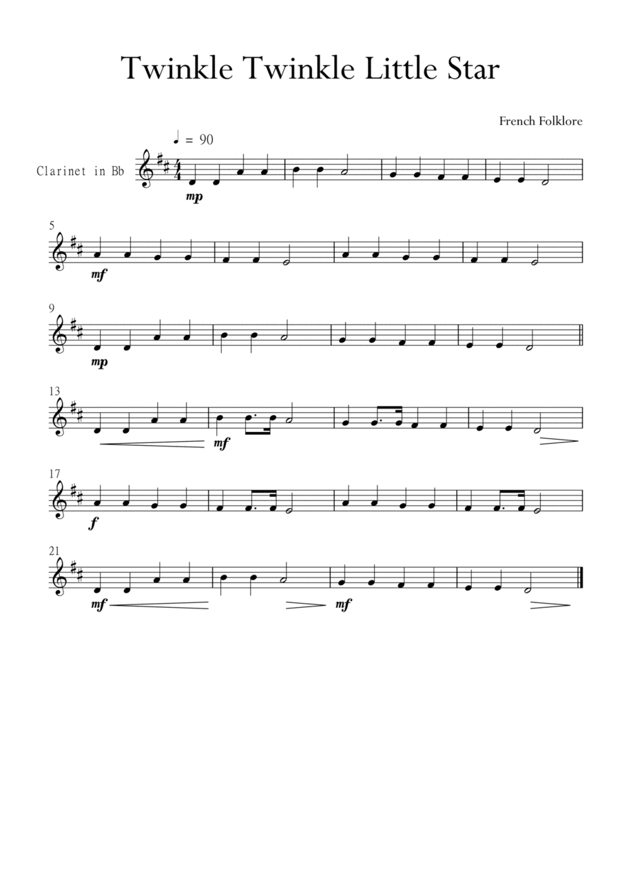 Twinkle Twinkle Little Star for Clarinet in C Major. Very Easy. (arr. Matheus Araújo)
