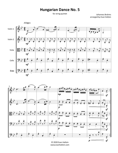 Hungarian Dance No. 5, by Johannes Brahms, for string quintet or string orchestra (arr. Evan Halloin)