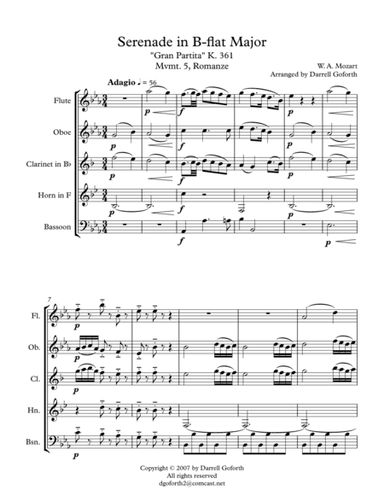 Mozart: Serenade in Bb Major, K. 361 (Gran Partita) for Wind Quintet Mvmt. 5 (Romanze) (arr. Darrell Goforth)