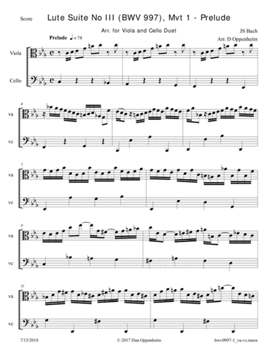 Bach: Lute Suite No. 3 (BWV 997) Movement 1 - Prelude; Arranged for Viola and Cello (arr. D Oppenheim)