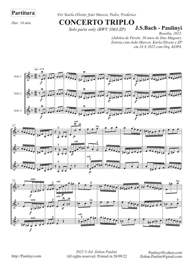 Johann Sebastian Bach's Concerto for 3 violins BWV 1063 transcribed by Dr Zoltan Paulinyi (arr. Zoltan Paulinyi)