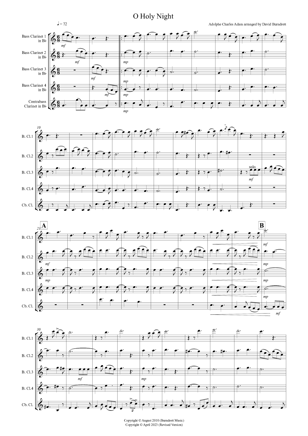 O Holy Night for Bass Clarinet Quintet (arr. David Burndrett)