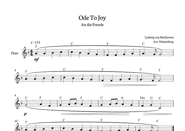 Beethoven - Ode To Joy for flute in F with chords (Lyrics in English) (arr. Heisenberg)