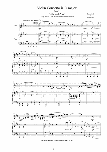 Beethoven - Violin Concerto in D major Op.61 for Violin and Piano - Score and Part (arr. Santino Cara)