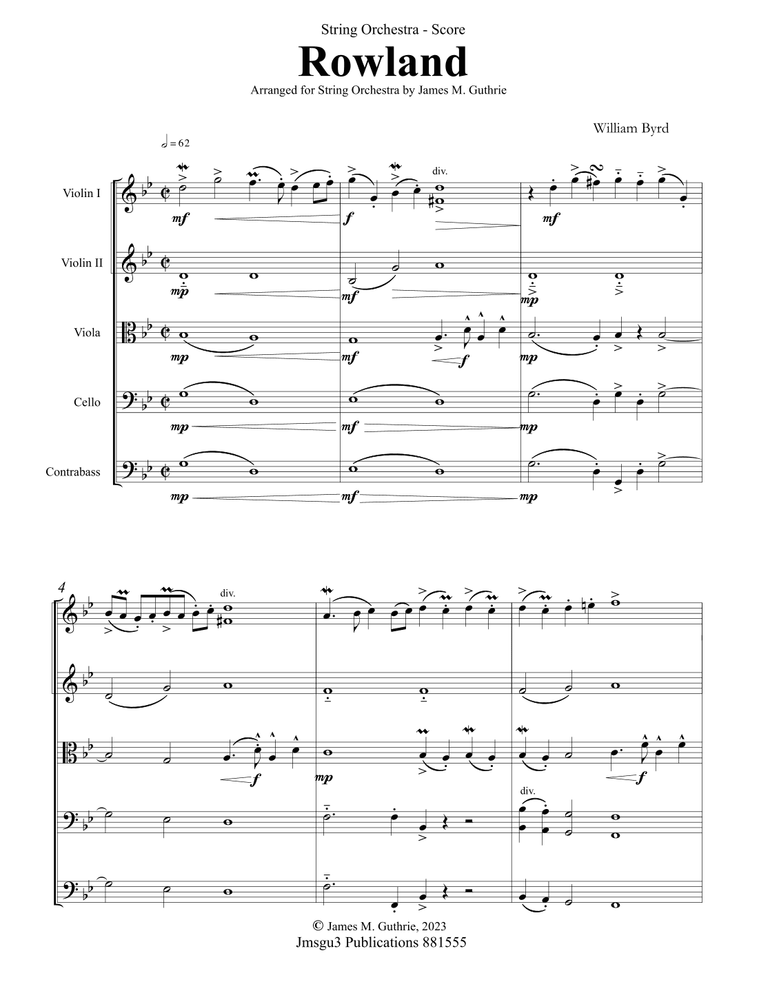 Byrd: Rowland for String Orchestra - Score Only (arr. James M. Guthrie)