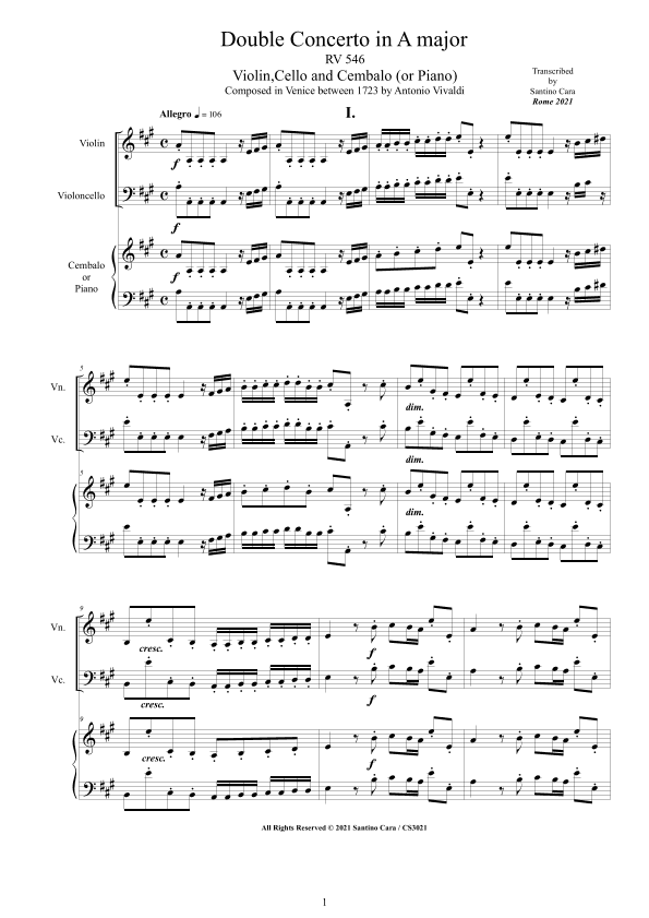 Vivaldi - Double Concerto in A major RV 546 for Violin, Cello and Cembalo (or Piano) (arr. Santino Cara)