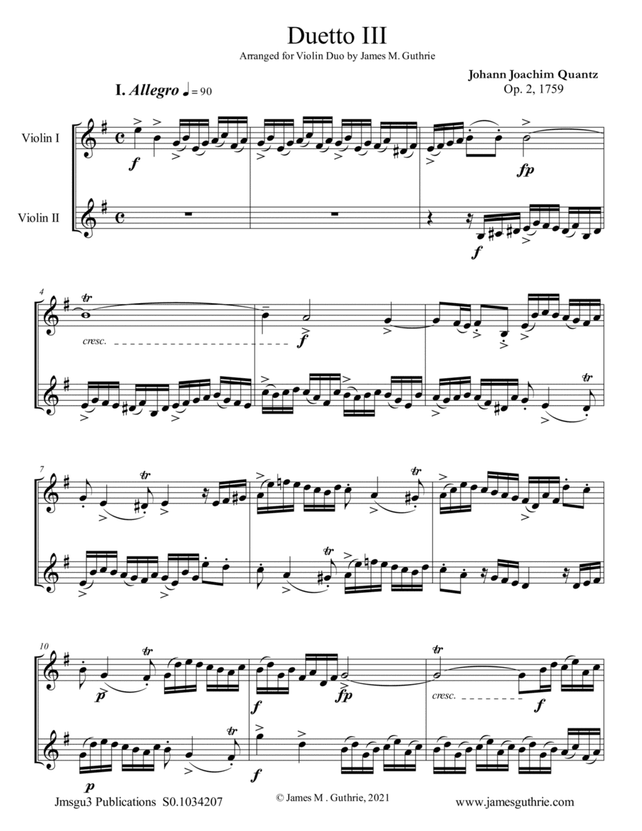 Quantz: Duetto Op. 2 No. 3 for Violin Duo (arr. James M. Guthrie)