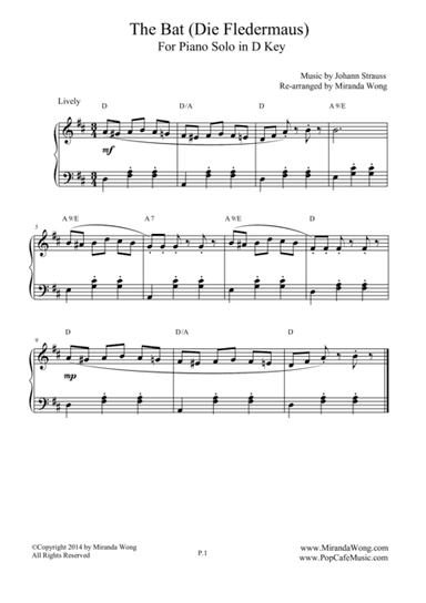The Bat (Die Fledermaus) - Lovely Piano Music in D Key (arr. Miranda Wong)