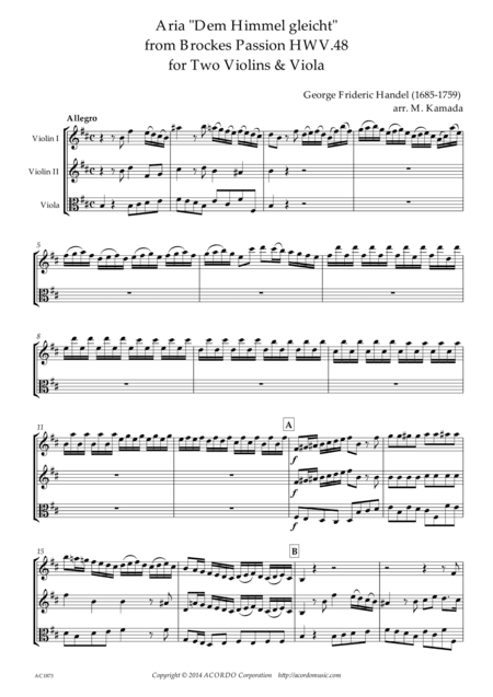 'Dem Himmel gliecht' from Brockes Passion HWV.48 for Two Violins & Viola (arr. Mikio Kamada)