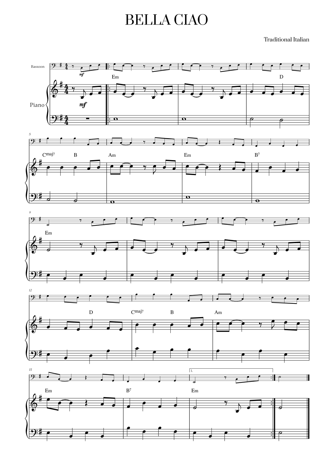 Bella Ciao with chords for Bassoon and Piano (arr. Cadenza Editions)