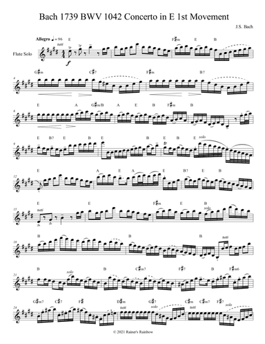 Bach 1739 BWV 1042 Concerto in E for Flute Quartet Parts and Score (arr. Rainer Grant Roth)