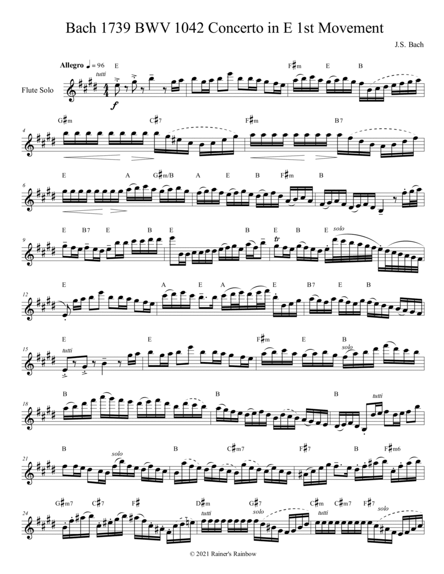 Bach 1739 BWV 1042 Concerto in E for Flute Quartet Parts and Score (arr. Rainer Grant Roth)
