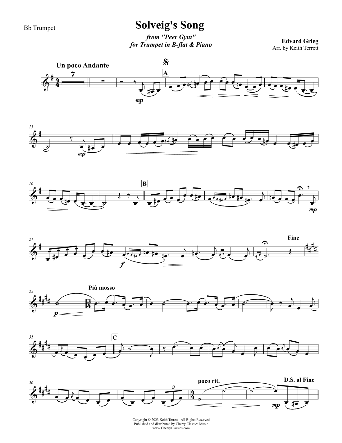 Solveig's Song for Trumpet in B-flat and Piano (arr. Keith Terrett)