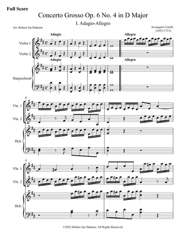 Concerto Grosso Op. 6 No. 4 in D Major: I. Adagio-Allegro - Score Only (arr. Robert Jan Dukarm)