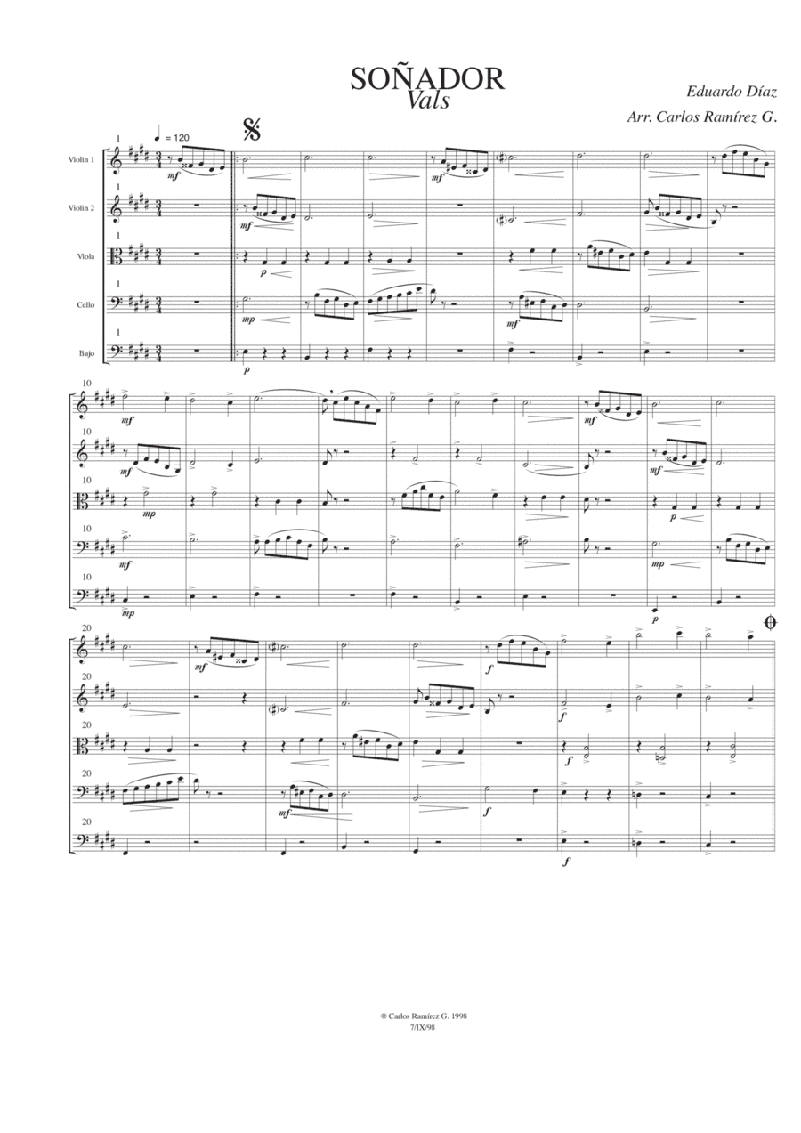 Soñador Waltz for String Quintet Score and Parts (arr. Carlos Ramírez Guzmán)