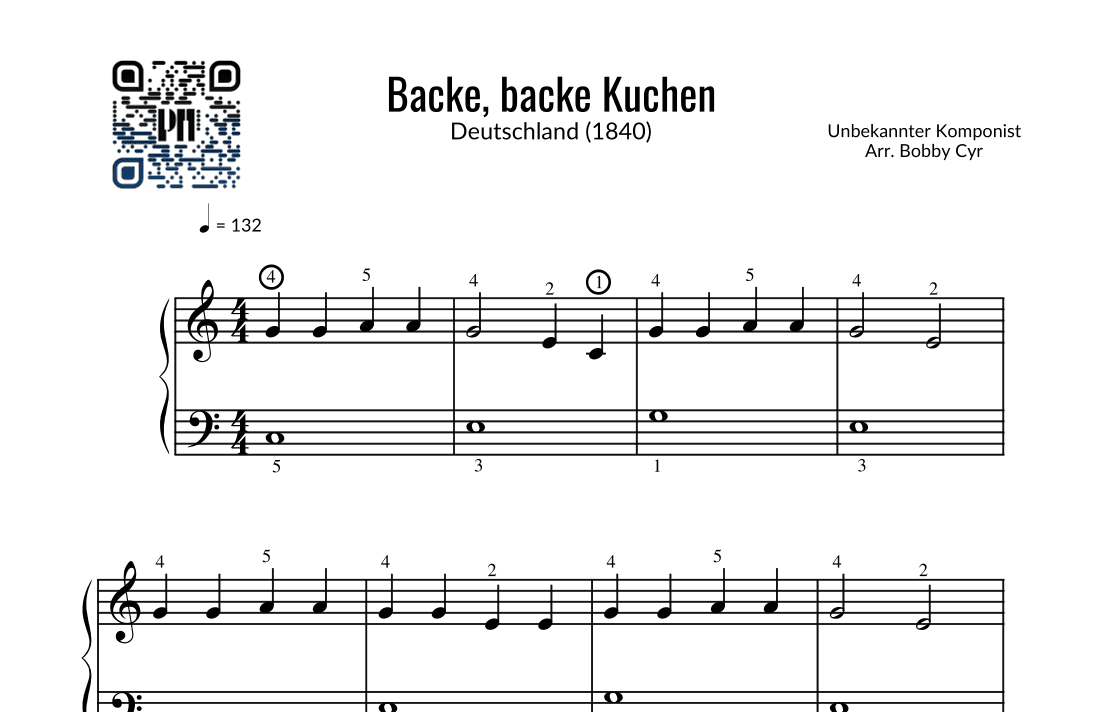 Backe, backe Kuchen - Kinderreime (leichtes Klavier) (arr. Bobby Cyr - Piano Notion)