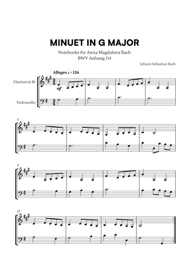Minuet in G Major (BWV Anh. 114) (for Clarinet and Cello) (arr. Cadenza Editions)