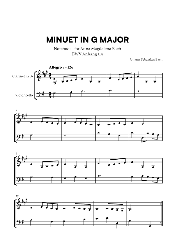 Minuet in G Major (BWV Anh. 114) (for Clarinet and Cello) (arr. Cadenza Editions)