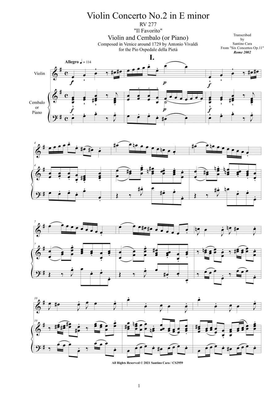 Vivaldi - Violin Concerto No.2 in E minor 'Il Favorito' RV 277 Op.11 for Violin and Cembalo (or Pian (arr. Santino Cara)