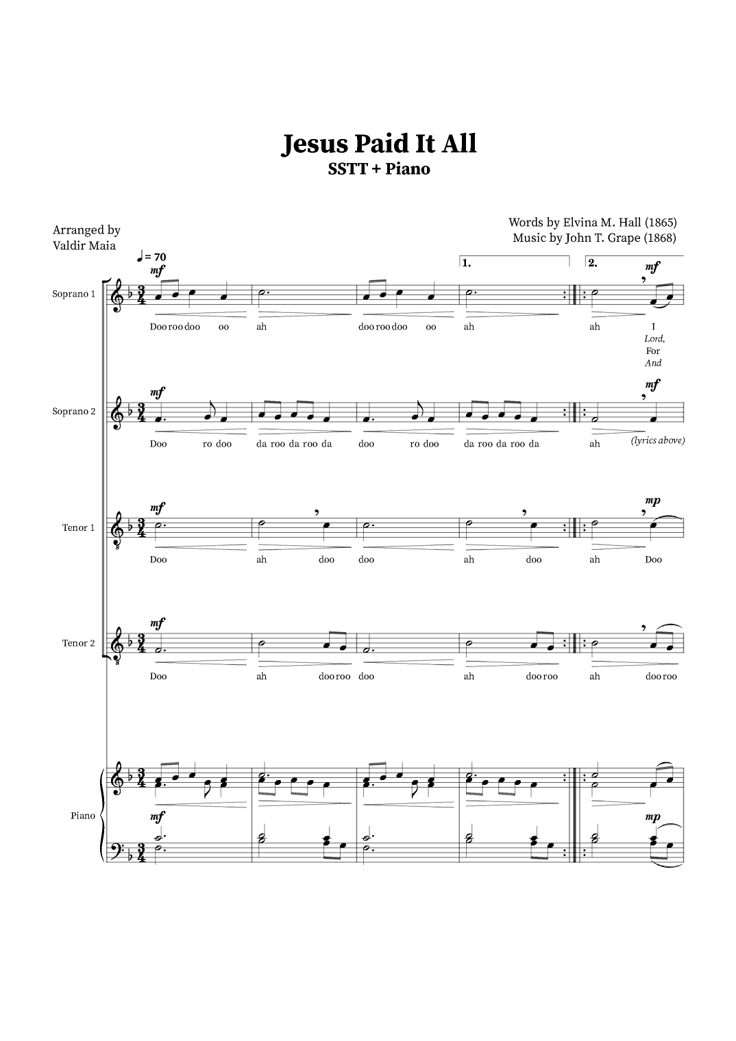 Jesus Paid It All - SSTT Quartet or Choir (Piano Accompaniment) (arr. Valdir Maia)