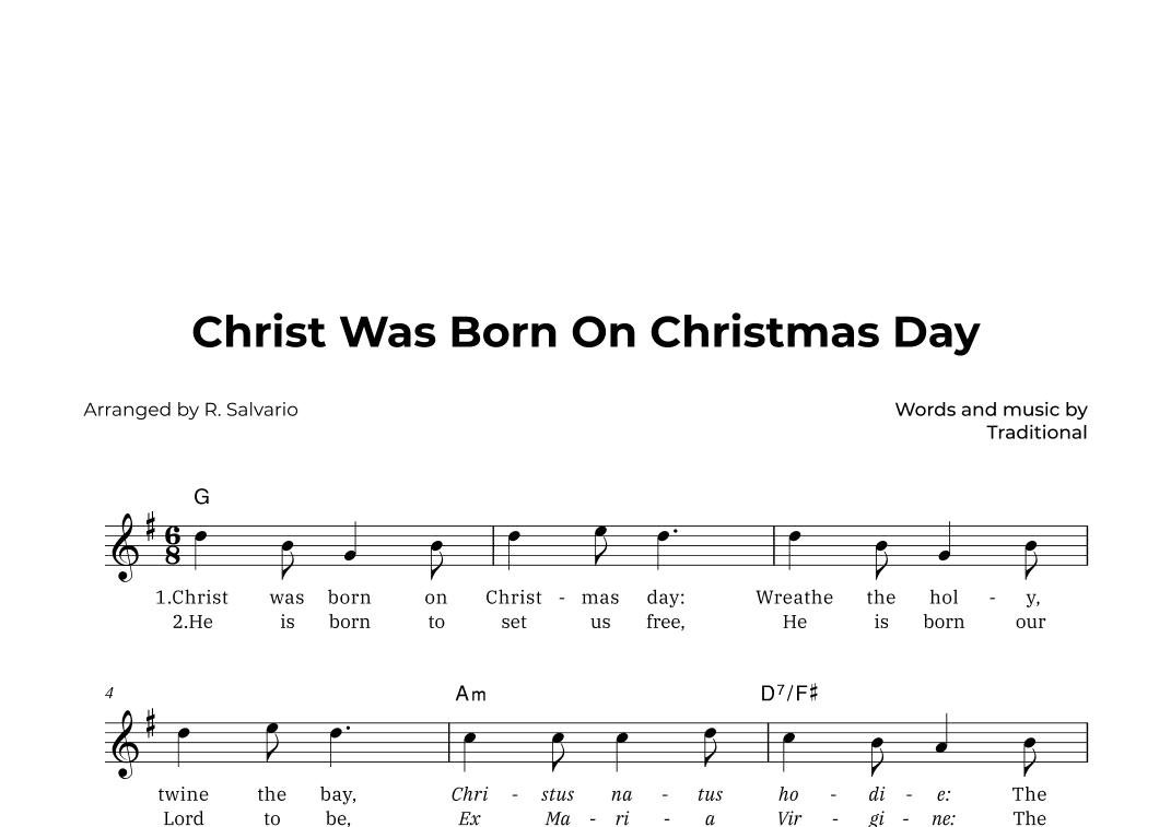 Christ Was Born On Christmas Day (Key of G Major) (arr. R. Salvario)
