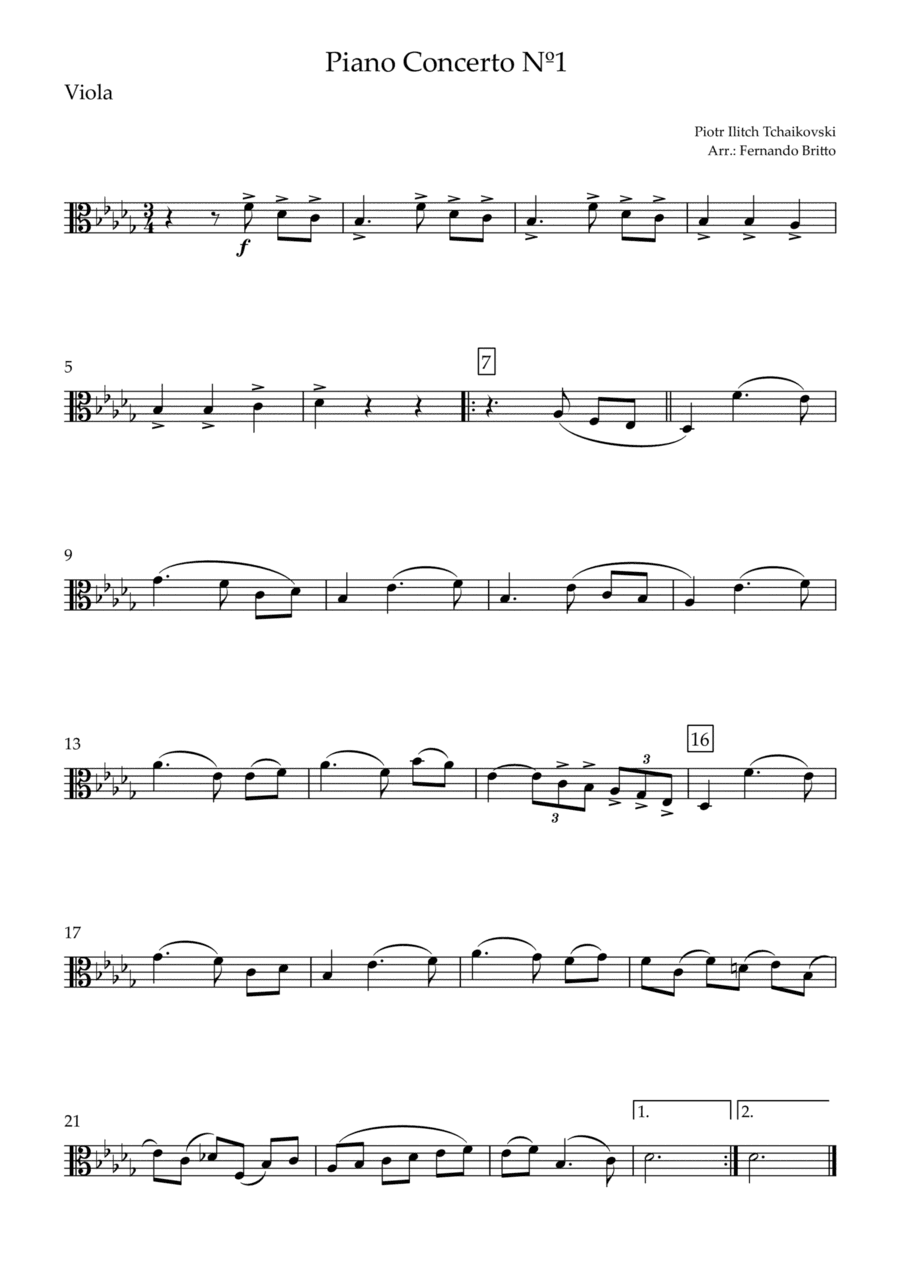Piano Concerto Nº 1 - 1st Mov. Theme (P. Tchaikovsky) for Viola Solo (arr. Fernando Britto)
